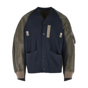 Sacai Cardigan In Navy Cotton And Khaki Blend Men